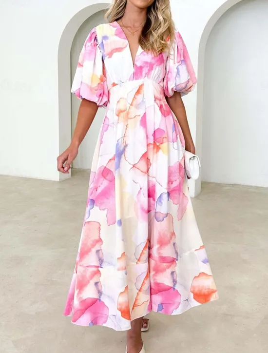 Best Women's Casual Dress Floral Leaf Print V Neck Long Dress Maxi Dress Vacation Short Sleeve Summer Women Spring Dresses