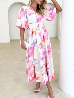 Best Women's Casual Dress Floral Leaf Print V Neck Long Dress Maxi Dress Vacation Short Sleeve Summer Women Spring Dresses