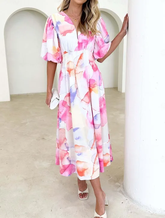 Best Women's Casual Dress Floral Leaf Print V Neck Long Dress Maxi Dress Vacation Short Sleeve Summer Women Spring Dresses