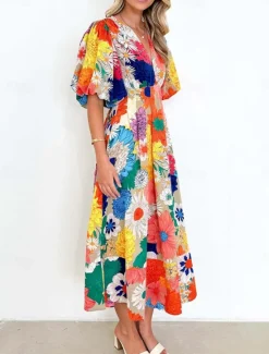 Best Women's Casual Dress Floral Leaf Print V Neck Long Dress Maxi Dress Vacation Short Sleeve Summer Women Spring Dresses