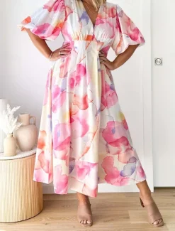 Best Women's Casual Dress Floral Leaf Print V Neck Long Dress Maxi Dress Vacation Short Sleeve Summer Women Spring Dresses
