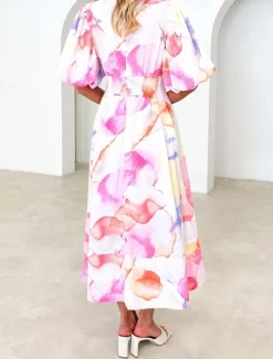 Best Women's Casual Dress Floral Leaf Print V Neck Long Dress Maxi Dress Vacation Short Sleeve Summer Women Spring Dresses