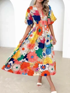 Best Women's Casual Dress Floral Leaf Print V Neck Long Dress Maxi Dress Vacation Short Sleeve Summer Women Spring Dresses