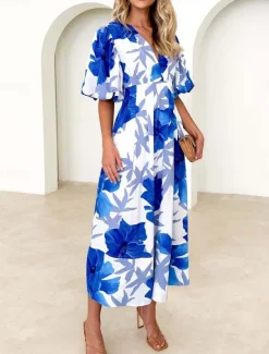 Best Women's Casual Dress Floral Leaf Print V Neck Long Dress Maxi Dress Vacation Short Sleeve Summer Women Spring Dresses