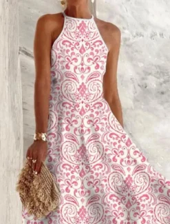 New Women's Casual Dress Floral Print Crew Neck Maxi long Dress Casual Daily Vacation Sleeveless Summer Spring Women Spring Dresses