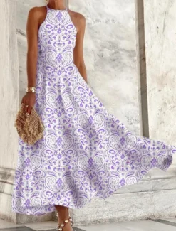 New Women's Casual Dress Floral Print Crew Neck Maxi long Dress Casual Daily Vacation Sleeveless Summer Spring Women Spring Dresses