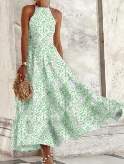 New Women's Casual Dress Floral Print Crew Neck Maxi long Dress Casual Daily Vacation Sleeveless Summer Spring Women Spring Dresses