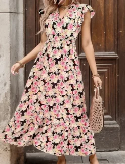 New Women's Casual Dress Floral Ruffle Print V Neck Long Dress Maxi Dress Stylish Casual Daily Vacation Short Sleeve Summer Women Spring Dresses