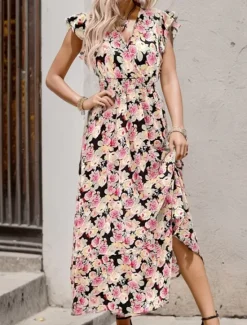 New Women's Casual Dress Floral Ruffle Print V Neck Long Dress Maxi Dress Stylish Casual Daily Vacation Short Sleeve Summer Women Spring Dresses