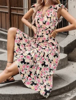 New Women's Casual Dress Floral Ruffle Print V Neck Long Dress Maxi Dress Stylish Casual Daily Vacation Short Sleeve Summer Women Spring Dresses