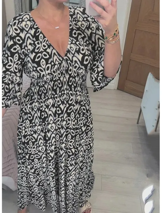 Sale Women's Casual Dress Floral Print V Neck Long Dress Maxi Dress Ethnic Casual Daily Vacation 3/4 Length Sleeve Summer Women Floral Dresses