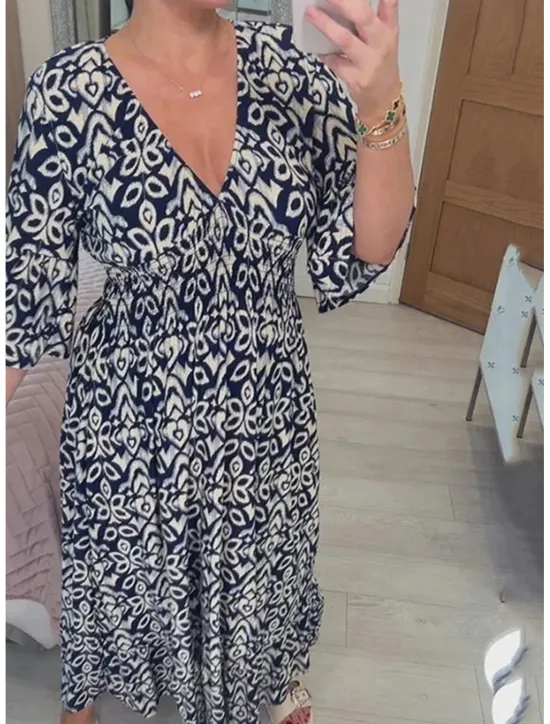 Sale Women's Casual Dress Floral Print V Neck Long Dress Maxi Dress Ethnic Casual Daily Vacation 3/4 Length Sleeve Summer Women Floral Dresses