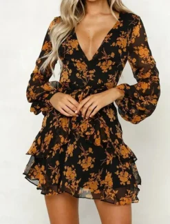 New Women's Casual Dress Floral Print V Neck Mini Dress Stylish Casual Daily Date Long Sleeve Fall Women Spring Dresses