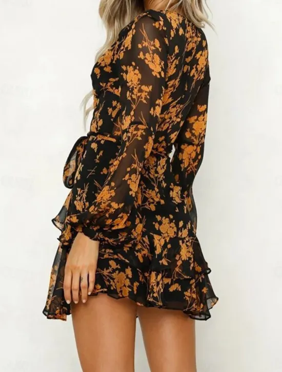 New Women's Casual Dress Floral Print V Neck Mini Dress Stylish Casual Daily Date Long Sleeve Fall Women Spring Dresses