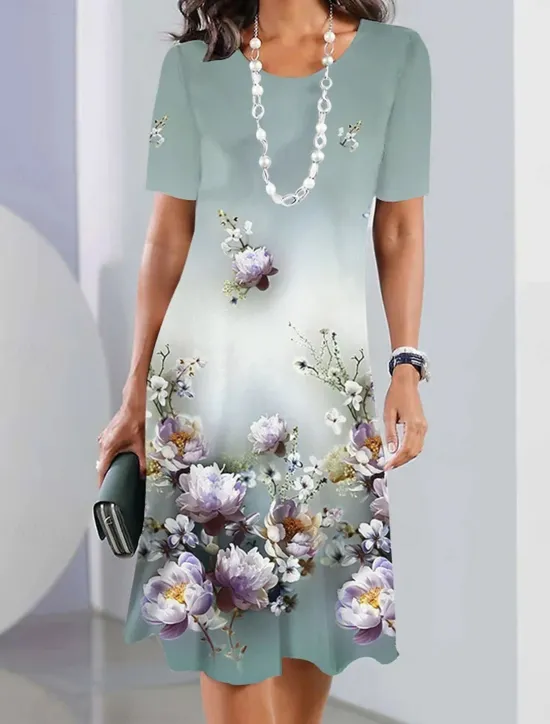Sale Women's Casual Dress Floral Print Crew Neck Midi Dress Stylish Casual Daily Vacation Short Sleeve Summer Women Floral Dresses|Spring Dresses