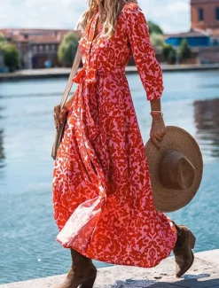 Outlet Women's Casual Dress Floral Print V Neck Long Dress Maxi Dress Vacation Long Sleeve Summer Women Spring Dresses
