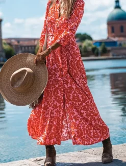 Outlet Women's Casual Dress Floral Print V Neck Long Dress Maxi Dress Vacation Long Sleeve Summer Women Spring Dresses