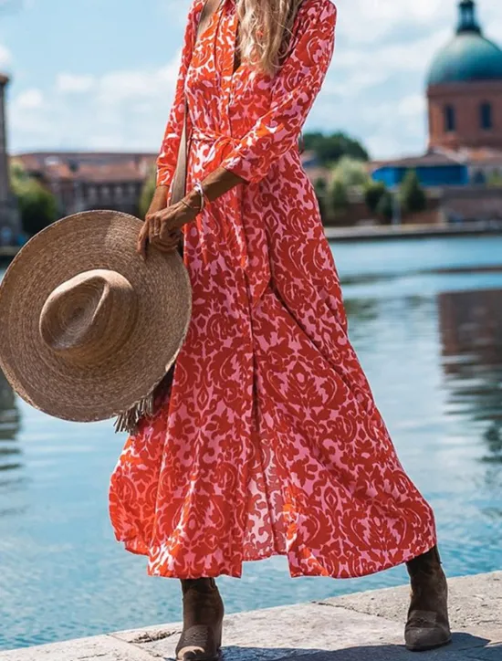 Outlet Women's Casual Dress Floral Print V Neck Long Dress Maxi Dress Vacation Long Sleeve Summer Women Spring Dresses