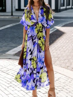 Online Women's Casual Dress Floral Split Print V Neck Long Dress Maxi Dress Vacation Short Sleeve Summer Women Spring Dresses|Floral Dresses