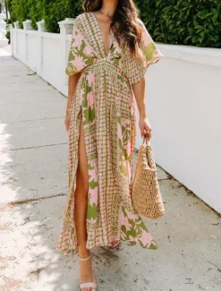 Online Women's Casual Dress Floral Split Print V Neck Long Dress Maxi Dress Vacation Short Sleeve Summer Women Spring Dresses|Floral Dresses
