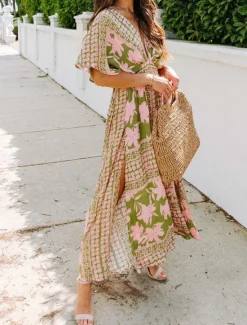 Online Women's Casual Dress Floral Split Print V Neck Long Dress Maxi Dress Vacation Short Sleeve Summer Women Spring Dresses|Floral Dresses