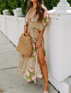 Online Women's Casual Dress Floral Split Print V Neck Long Dress Maxi Dress Vacation Short Sleeve Summer Women Spring Dresses|Floral Dresses