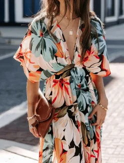 Online Women's Casual Dress Floral Split Print V Neck Long Dress Maxi Dress Vacation Short Sleeve Summer Women Spring Dresses|Floral Dresses