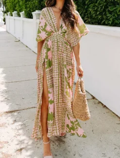 Online Women's Casual Dress Floral Split Print V Neck Long Dress Maxi Dress Vacation Short Sleeve Summer Women Spring Dresses|Floral Dresses