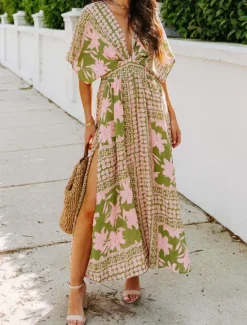 Online Women's Casual Dress Floral Split Print V Neck Long Dress Maxi Dress Vacation Short Sleeve Summer Women Spring Dresses|Floral Dresses