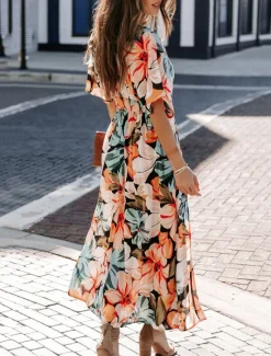 Online Women's Casual Dress Floral Split Print V Neck Long Dress Maxi Dress Vacation Short Sleeve Summer Women Spring Dresses|Floral Dresses