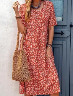 Discount Women's Casual Dress Floral Pocket Print Crew Neck Midi Dress Stylish Casual Daily Date Short Sleeve Summer Women Floral Dresses