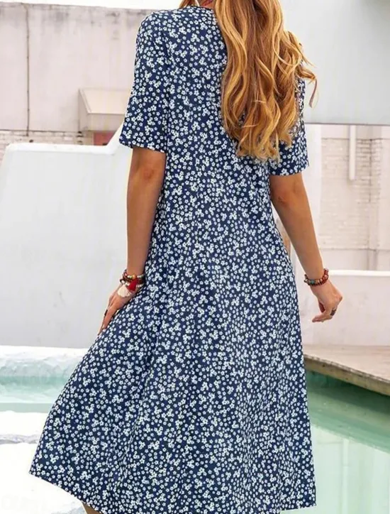 Discount Women's Casual Dress Floral Pocket Print Crew Neck Midi Dress Stylish Casual Daily Date Short Sleeve Summer Women Floral Dresses