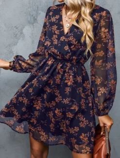 New Women's Casual Dress Formal Dress Floral Print V Neck Mini Dress Stylish Casual Daily Date Long Sleeve Summer Women Spring Dresses
