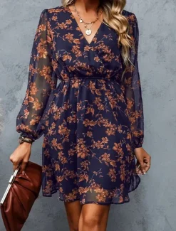 New Women's Casual Dress Formal Dress Floral Print V Neck Mini Dress Stylish Casual Daily Date Long Sleeve Summer Women Spring Dresses
