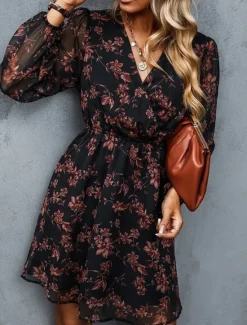 New Women's Casual Dress Formal Dress Floral Print V Neck Mini Dress Stylish Casual Daily Date Long Sleeve Summer Women Spring Dresses