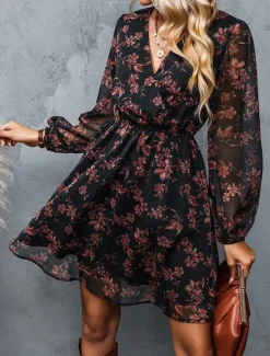 New Women's Casual Dress Formal Dress Floral Print V Neck Mini Dress Stylish Casual Daily Date Long Sleeve Summer Women Spring Dresses