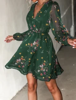 New Women's Casual Dress Formal Dress Floral Print V Neck Mini Dress Stylish Casual Daily Date Long Sleeve Summer Women Spring Dresses