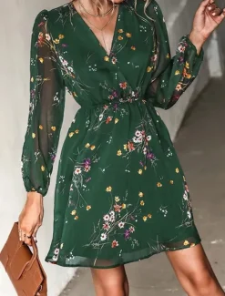New Women's Casual Dress Formal Dress Floral Print V Neck Mini Dress Stylish Casual Daily Date Long Sleeve Summer Women Spring Dresses