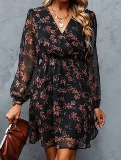 New Women's Casual Dress Formal Dress Floral Print V Neck Mini Dress Stylish Casual Daily Date Long Sleeve Summer Women Spring Dresses