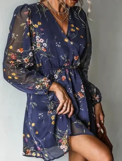 New Women's Casual Dress Formal Dress Floral Print V Neck Mini Dress Stylish Casual Daily Date Long Sleeve Summer Women Spring Dresses