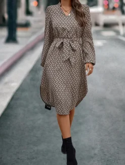 New Women's Casual Dress Geometric Color Block Pocket Print Shirt Collar Midi Dress Stylish Basic Daily Date Long Sleeve Fall Women Work Dresses