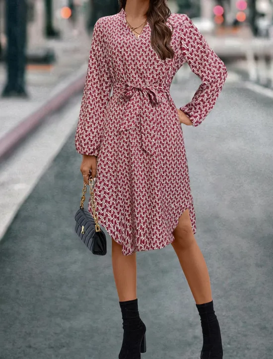 New Women's Casual Dress Geometric Color Block Pocket Print Shirt Collar Midi Dress Stylish Basic Daily Date Long Sleeve Fall Women Work Dresses