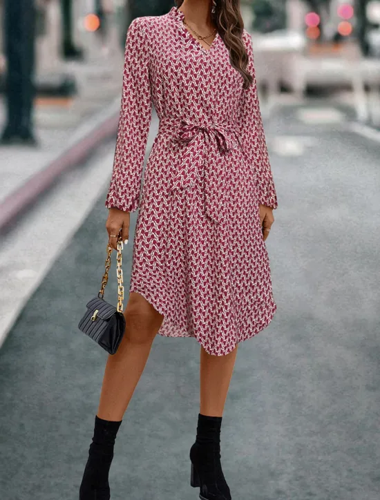 New Women's Casual Dress Geometric Color Block Pocket Print Shirt Collar Midi Dress Stylish Basic Daily Date Long Sleeve Fall Women Work Dresses