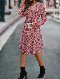 New Women's Casual Dress Geometric Color Block Pocket Print Shirt Collar Midi Dress Stylish Basic Daily Date Long Sleeve Fall Women Work Dresses