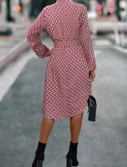 New Women's Casual Dress Geometric Color Block Pocket Print Shirt Collar Midi Dress Stylish Basic Daily Date Long Sleeve Fall Women Work Dresses