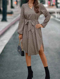 New Women's Casual Dress Geometric Color Block Pocket Print Shirt Collar Midi Dress Stylish Basic Daily Date Long Sleeve Fall Women Work Dresses