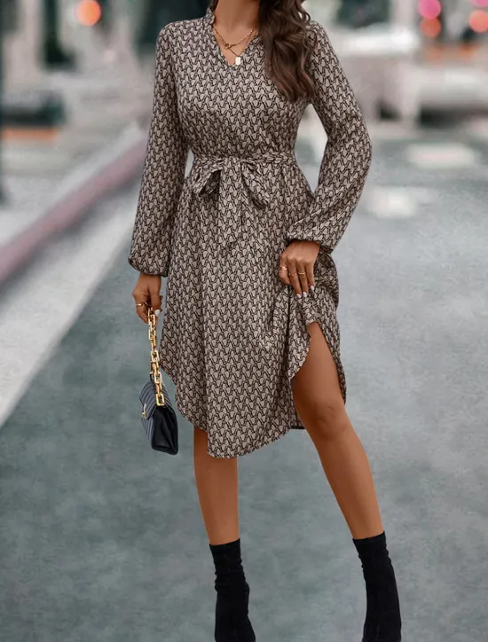 New Women's Casual Dress Geometric Color Block Pocket Print Shirt Collar Midi Dress Stylish Basic Daily Date Long Sleeve Fall Women Work Dresses