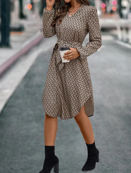 New Women's Casual Dress Geometric Color Block Pocket Print Shirt Collar Midi Dress Stylish Basic Daily Date Long Sleeve Fall Women Work Dresses
