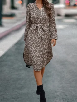 New Women's Casual Dress Geometric Color Block Pocket Print Shirt Collar Midi Dress Stylish Basic Daily Date Long Sleeve Fall Women Work Dresses