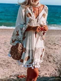 Best Women's Casual Dress Graphic Tassel Fringe Print V Neck Mini Dress Bohemia Vacation Beach Summer Women Spring Dresses